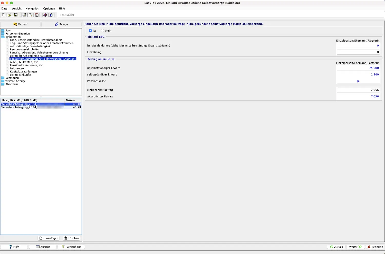 Erfassung von Einzahlungen in die Säule 3a (gebundene Selbstvorsorge) in EasyTax Aargau