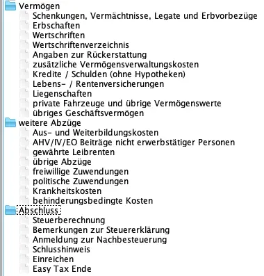 Übersicht der Vermögens- und Abzugsbereiche in EasyTax Aargau (Vermögen, weitere Abzüge, Abschluss)