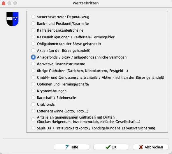 Auswahl der Wertschriftenarten in EasyTax Aargau (Aktien, Fonds, Krypto, Bargeld, Säule 3a)
