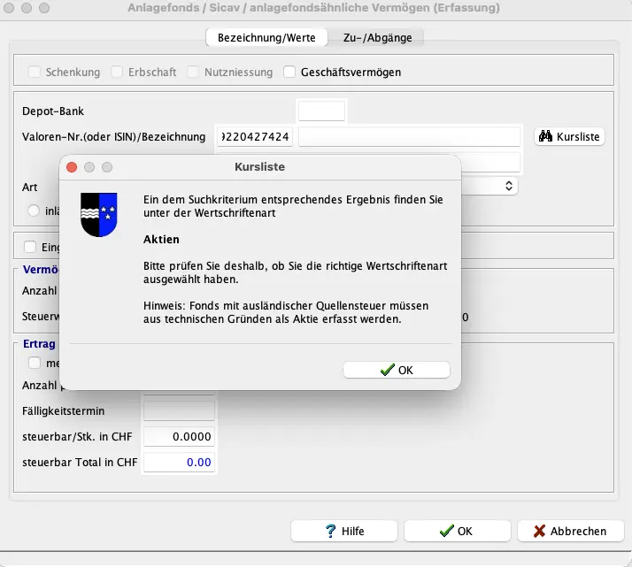 Hinweis zur Auswahl der richtigen Wertschriftenart bei Fonds in EasyTax Aargau
