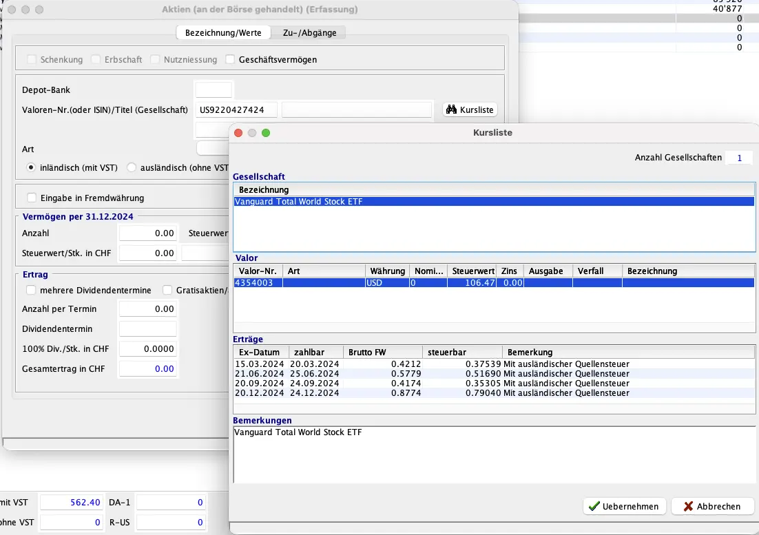 Erfassung von börsengehandelten Aktien und ETFs inklusive Dividenden in EasyTax Aargau