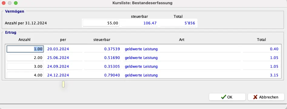 Erfassung von Beständen und Dividendenerträgen in der Kursliste von EasyTax Aargau