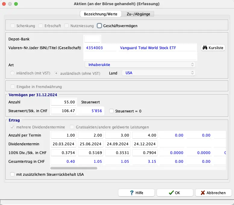 Erfassung von Aktien und ETFs mit Dividendenangaben in EasyTax Aargau