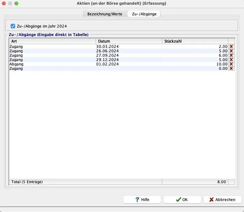 Erfassung von Zu- und Abgängen von Aktien und ETFs im vergangenen Jahr in EasyTax Aargau