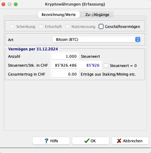 Erfassung von Kryptowährungen (z. B. Bitcoin) als Vermögen in EasyTax Aargau