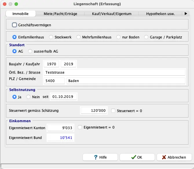 Erfassung einer selbstgenutzten Liegenschaft (Eigenheim) in EasyTax Aargau