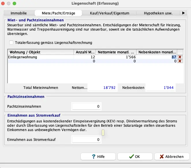 Erfassung von Miet- und Pachtzinseinnahmen bei Liegenschaften in EasyTax Aargau