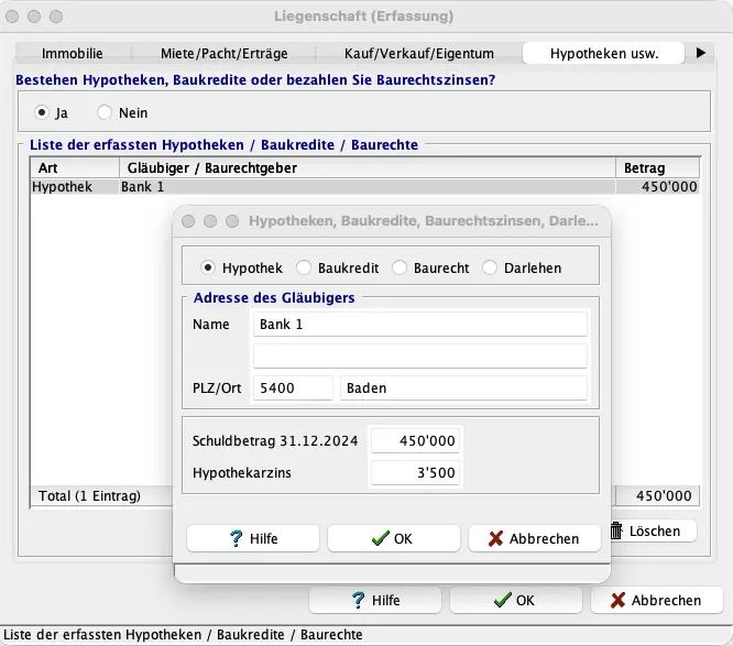 Erfassung von Hypotheken, Baukrediten und Schuldzinsen bei Liegenschaften in EasyTax Aargau