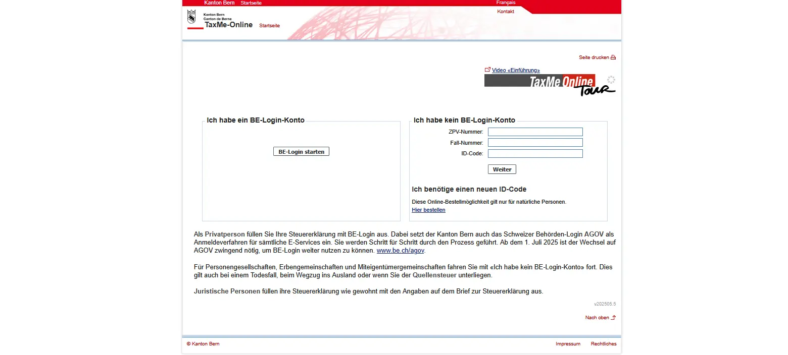 Startseite von TaxMe-Online im Kanton Bern mit BE-Login und Eingabefeldern für ZPV-Nummer, Fallnummer und ID-Code