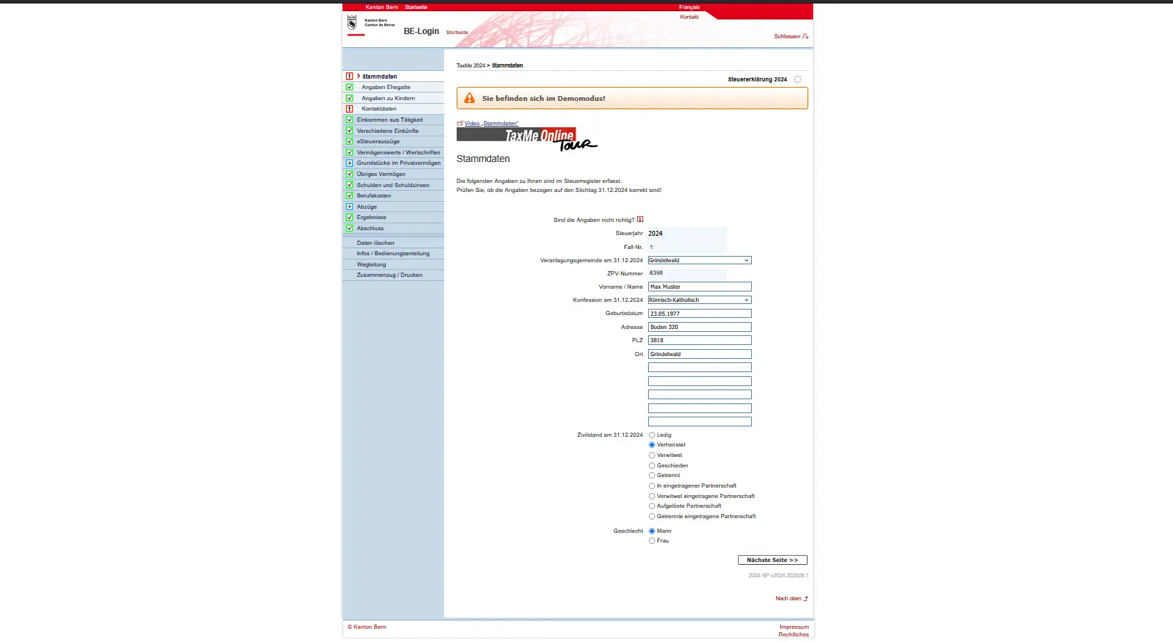 Stammdaten-Übersicht in TaxMe-Online mit persönlichen Angaben für die Steuererklärung im Kanton Bern
