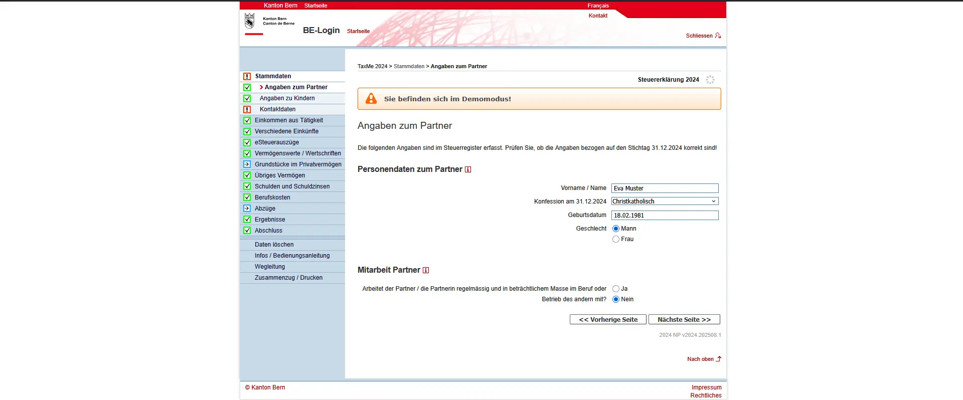Maske 'Angaben zum Partner' in TaxMe-Online mit Personendaten und Informationen zur Erwerbstätigkeit des Ehepartners