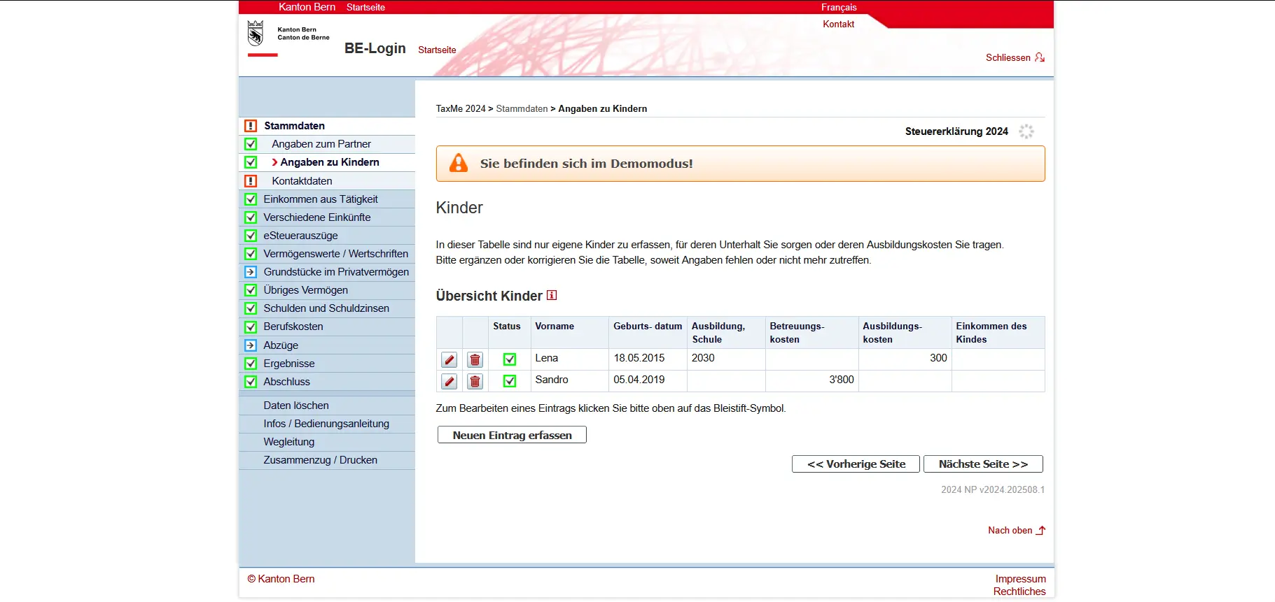 Übersicht der Kinderangaben in TaxMe-Online inklusive Geburtsdatum, Betreuungskosten und Ausbildungskosten