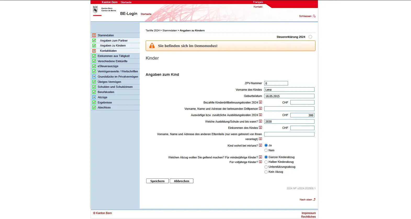 Detailformular zur Erfassung eines Kindes in TaxMe-Online mit Ausbildungsdauer, Betreuungskosten und Kinderabzug