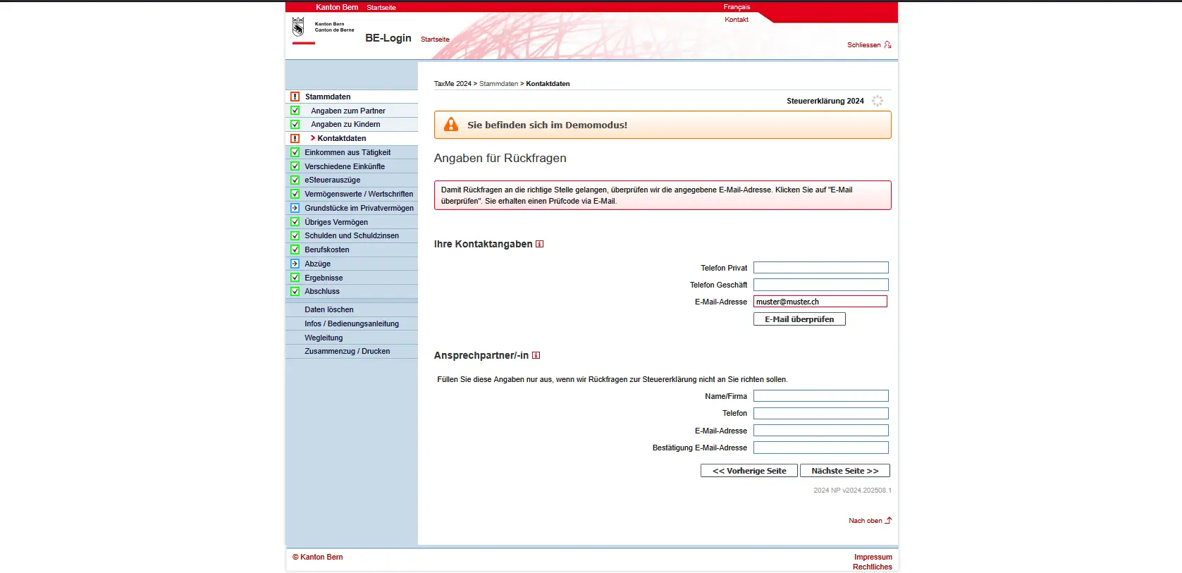 Kontaktangaben in TaxMe-Online zur Steuererklärung mit E-Mail-Validierung für Rückfragen der Steuerverwaltung