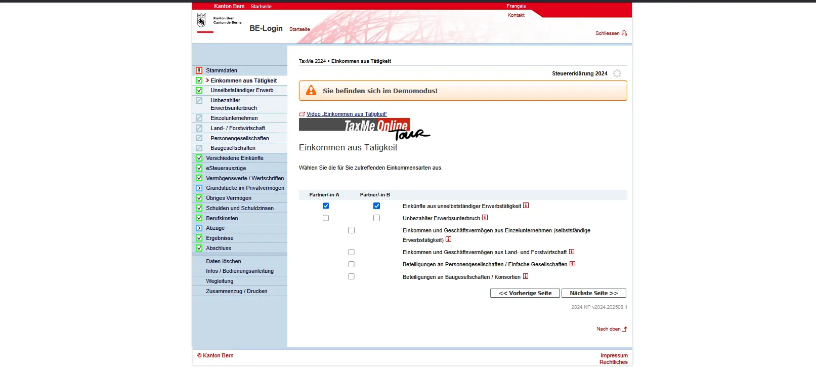 Auswahl der Einkommensarten aus Erwerbstätigkeit in TaxMe-Online für unselbstständige und selbstständige Arbeit