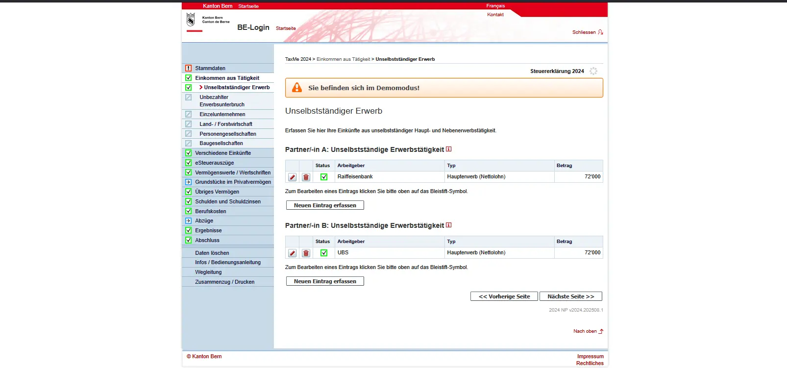 Übersicht der unselbstständigen Erwerbstätigkeit in TaxMe-Online mit Arbeitgeber, Einkommenstyp und Bruttolohn