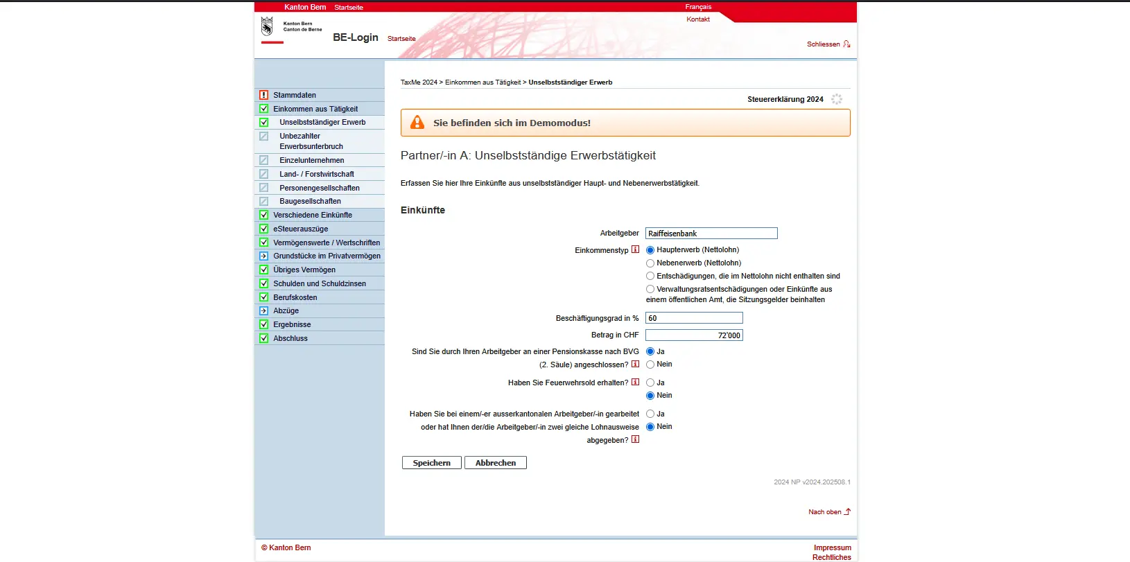 Detailansicht zur Erfassung von Lohneinkommen in TaxMe-Online mit Beschäftigungsgrad, BVG-Anschluss und Nettolohn