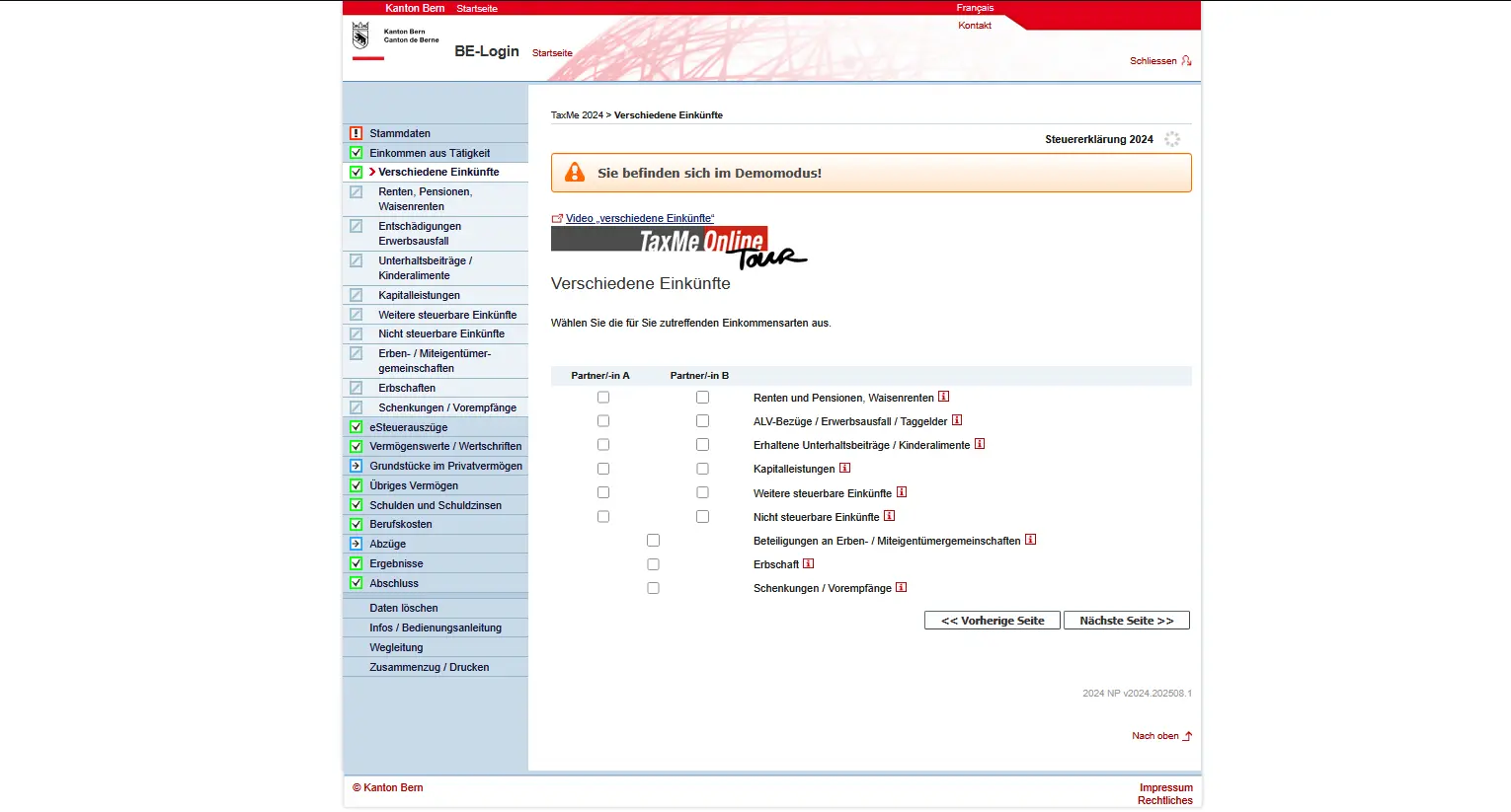 Auswahlmaske 'Verschiedene Einkünfte' in TaxMe-Online für Renten, Unterhaltsbeiträge, Erbschaften und Kapitalleistungen