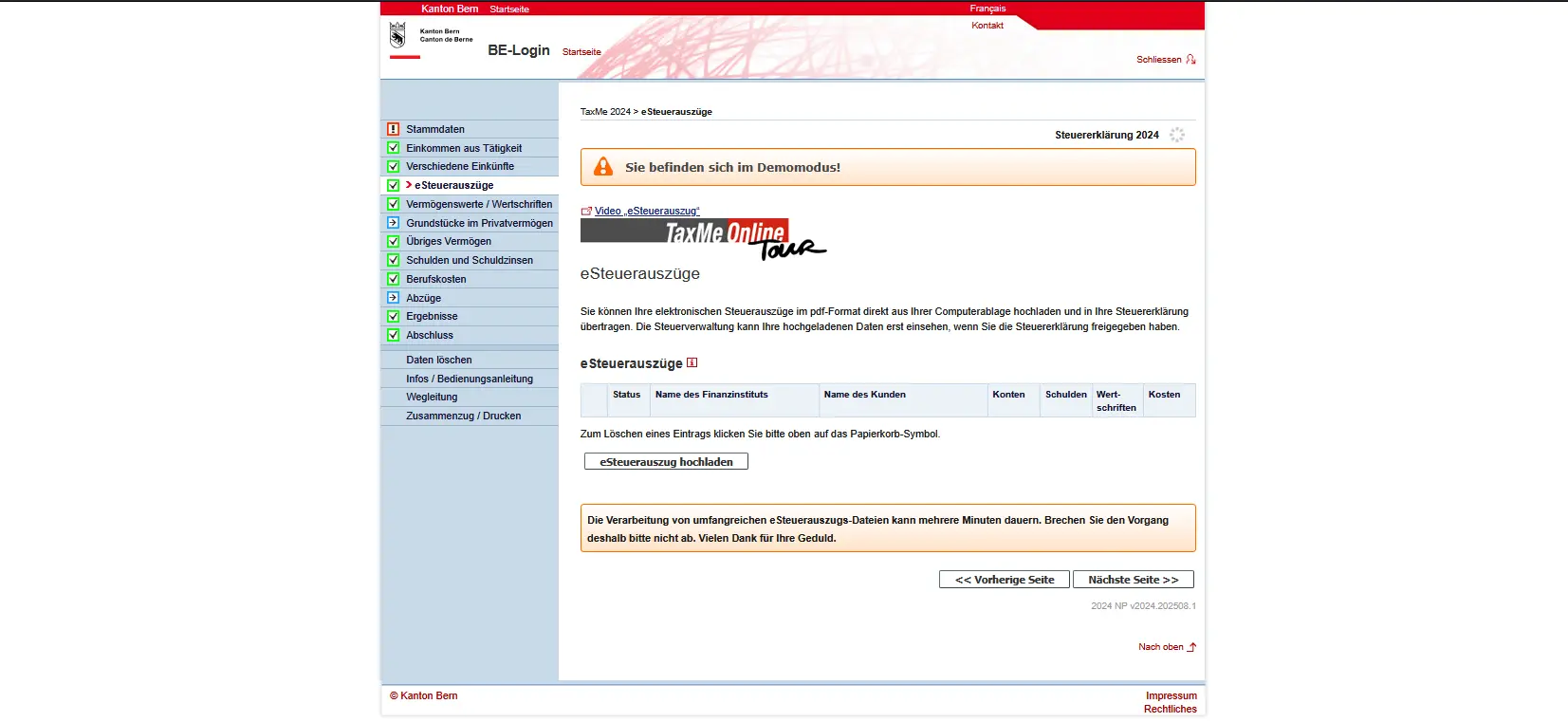 Übersicht der eSteuerauszüge in TaxMe Online im Kanton Bern mit Upload-Option für elektronische Steuerdokumente