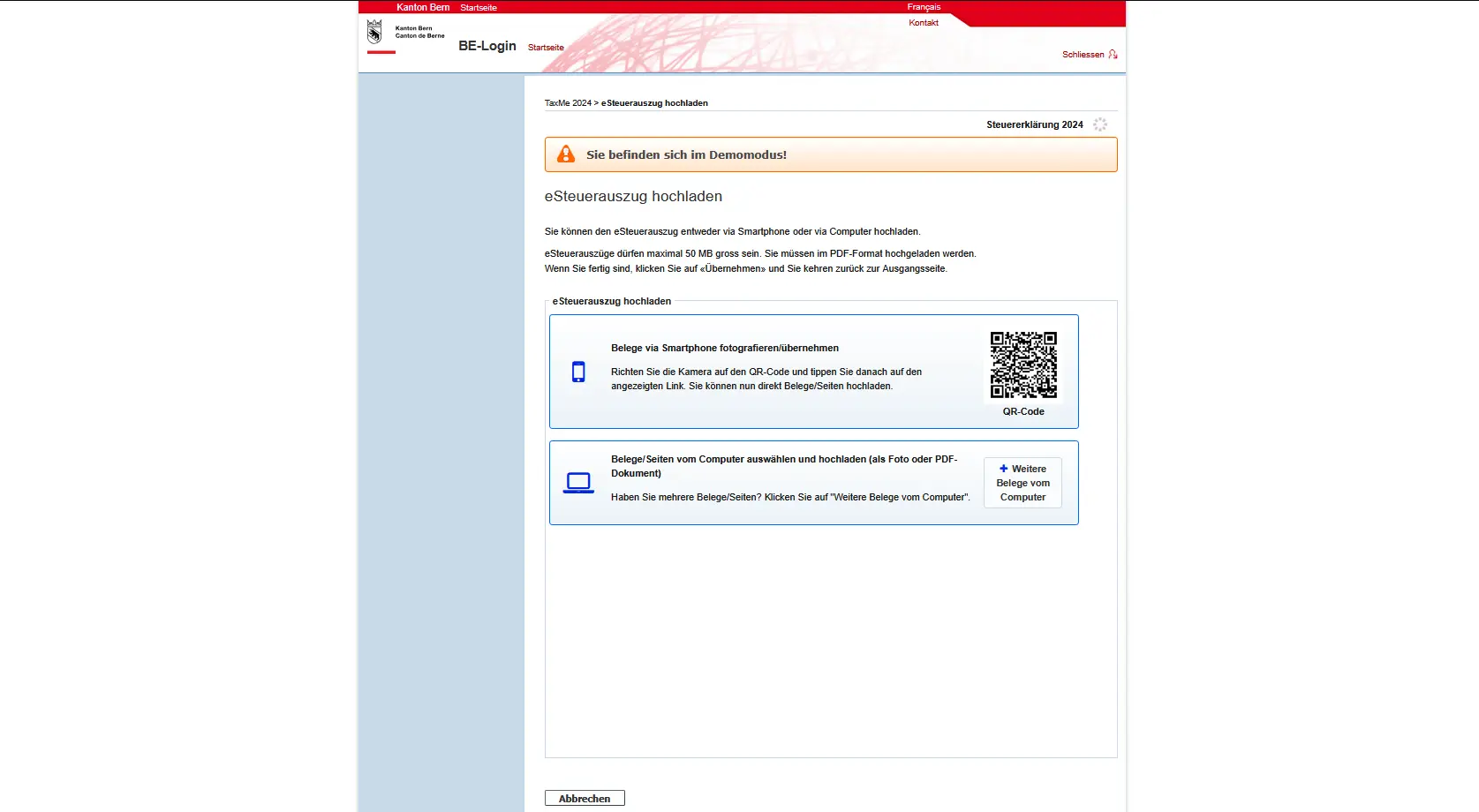 Hochladen eines eSteuerauszugs in TaxMe Online per QR-Code oder Computer für die Steuererklärung im Kanton Bern