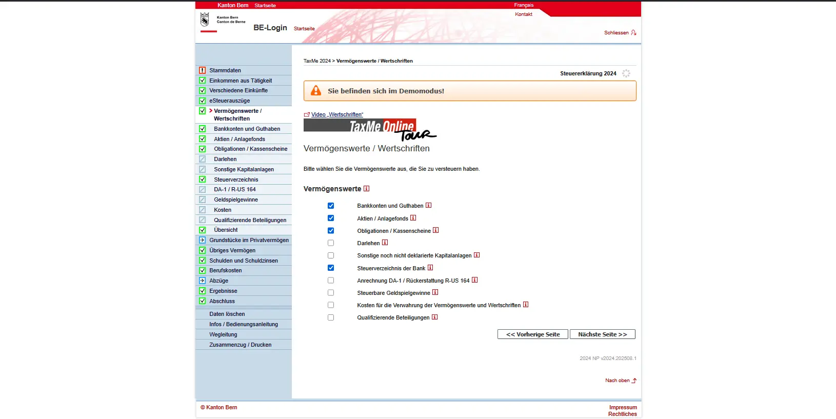 Auswahl der zu deklarierenden Vermögenswerte und Wertschriften in TaxMe Online für die Steuererklärung