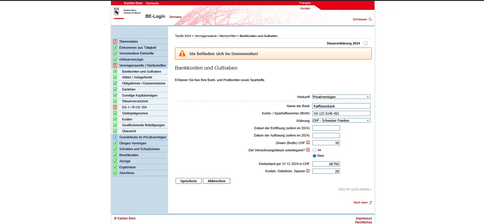 Erfassung eines Bankkontos in TaxMe Online mit IBAN, Zinsertrag und Kontostand im Privatvermögen