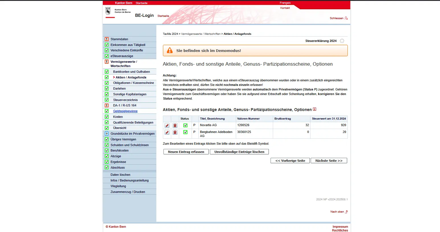 Übersicht der deklarierten Aktien und Anlagefonds in TaxMe Online mit Valorennummer und Steuerwert