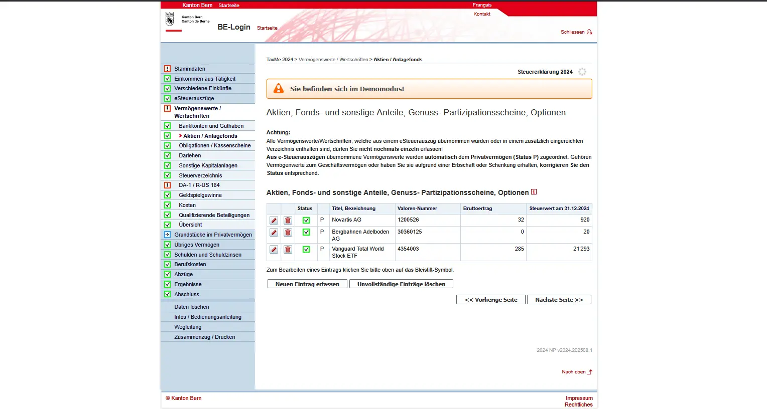 Gesamtliste der Wertschriften in TaxMe Online inklusive Aktien, Fonds und ETFs mit Steuerwert per Jahresende