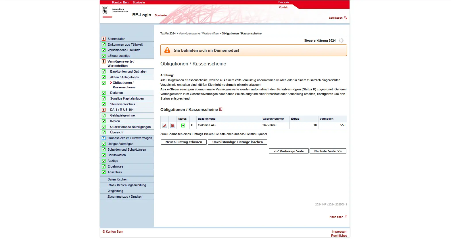 Deklaration von Obligationen und Kassenscheinen in TaxMe Online mit Ertrag und Vermögenswert