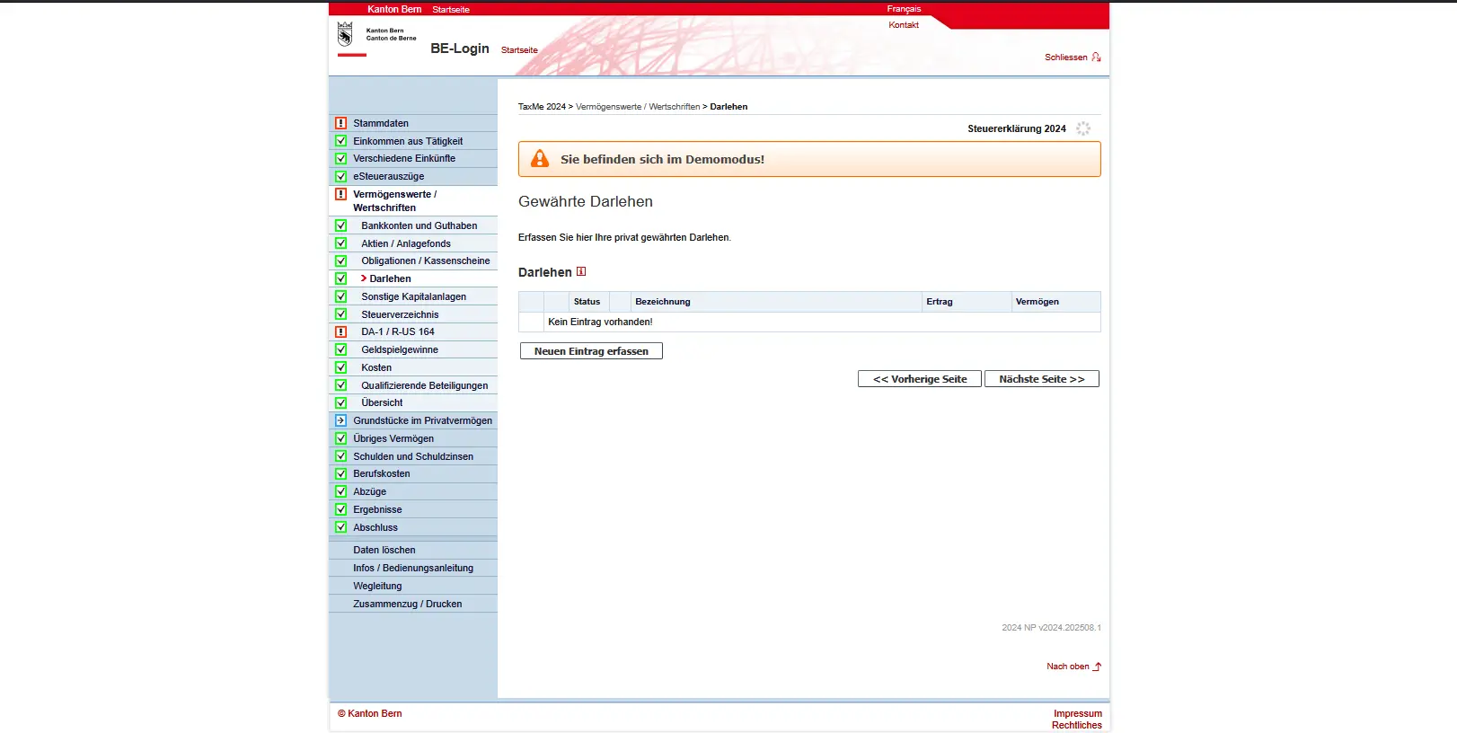Übersicht der gewährten Darlehen in TaxMe Online zur Deklaration von Vermögen und Zinserträgen