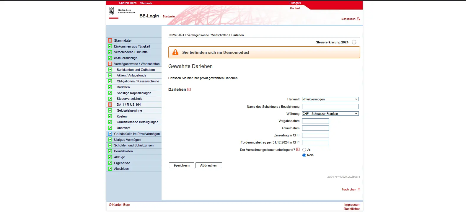Erfassung privater Darlehen in TaxMe-Online mit Angaben zu Schuldner, Währung, Zinsen und Forderungsbetrag