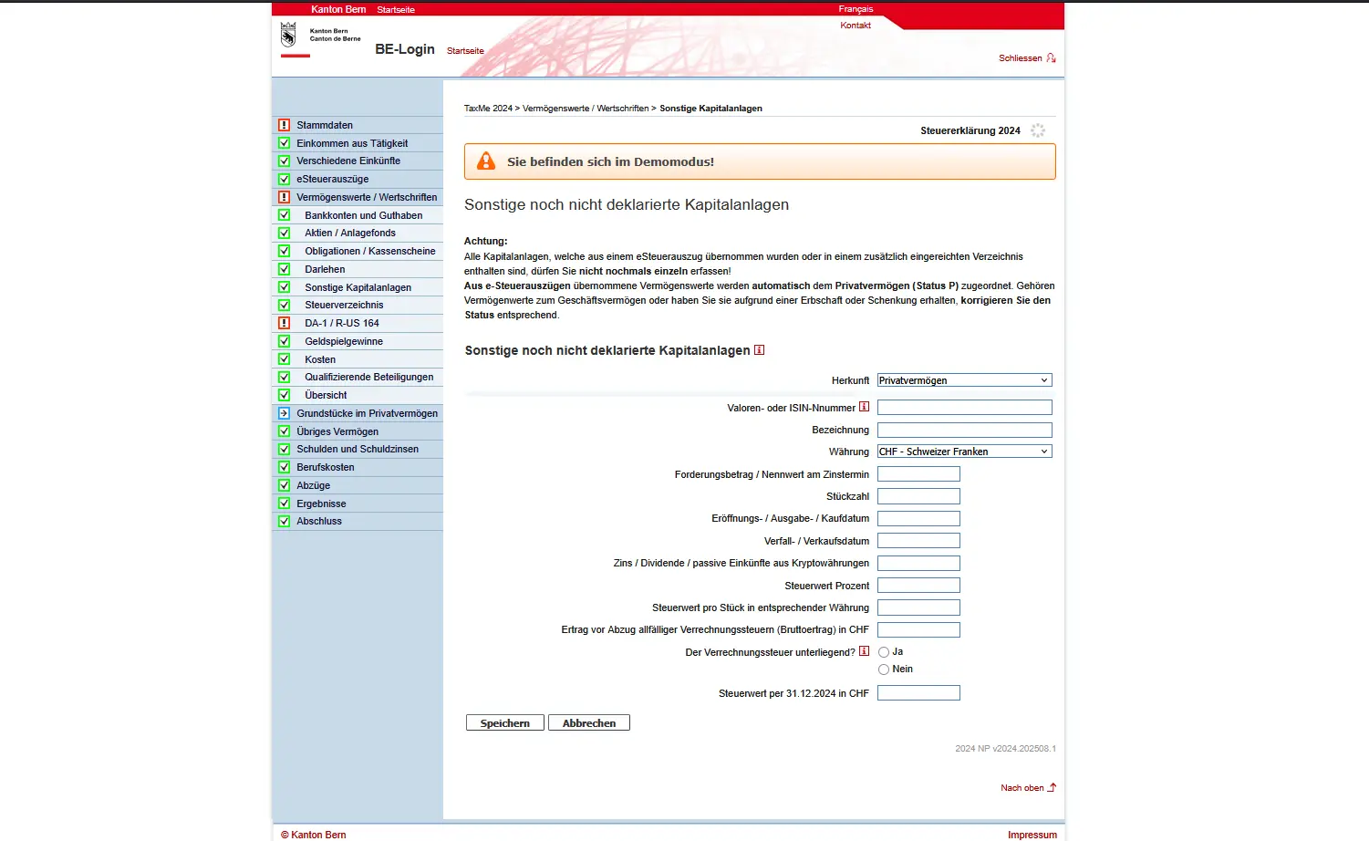 Formular zur Erfassung sonstiger Kapitalanlagen mit ISIN, Stückzahl, Ertrag und Steuerwert in TaxMe-Online