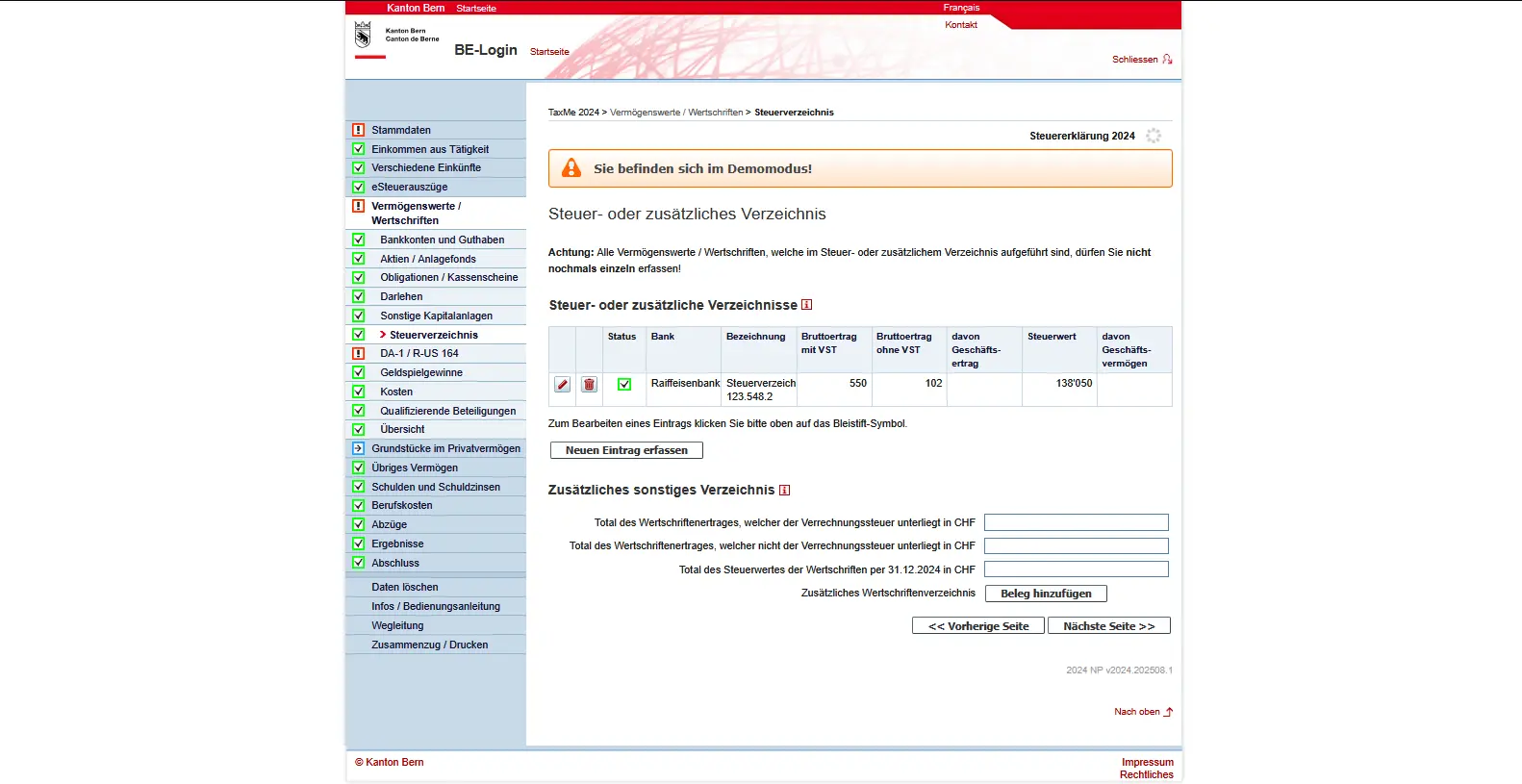 Steuerverzeichnis der Bank in TaxMe-Online mit Bruttoerträgen, Verrechnungssteuer und Steuerwert per 31.12