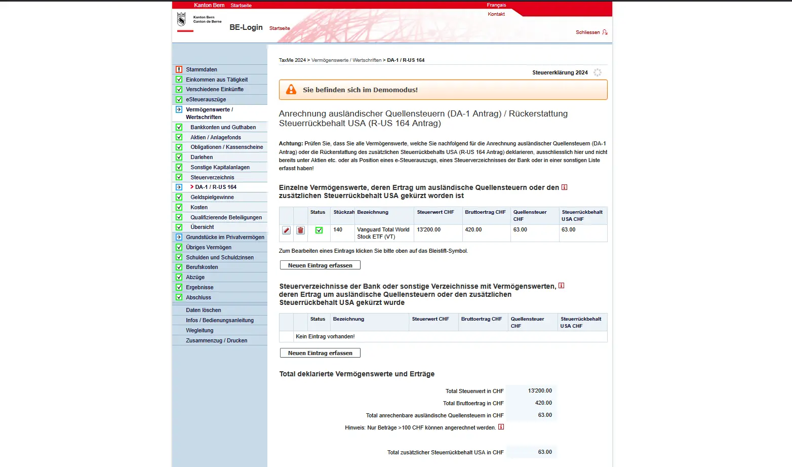 DA-1 / R-US 164 Antrag zur Anrechnung ausländischer Quellensteuer auf US-ETF in der Schweizer Steuererklärung