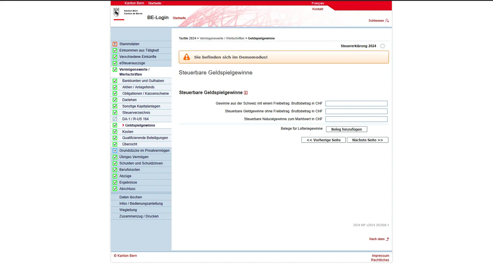 Eingabe steuerbarer Geldspielgewinne in TaxMe-Online mit Bruttobetrag und Belegen für Lotteriegewinne