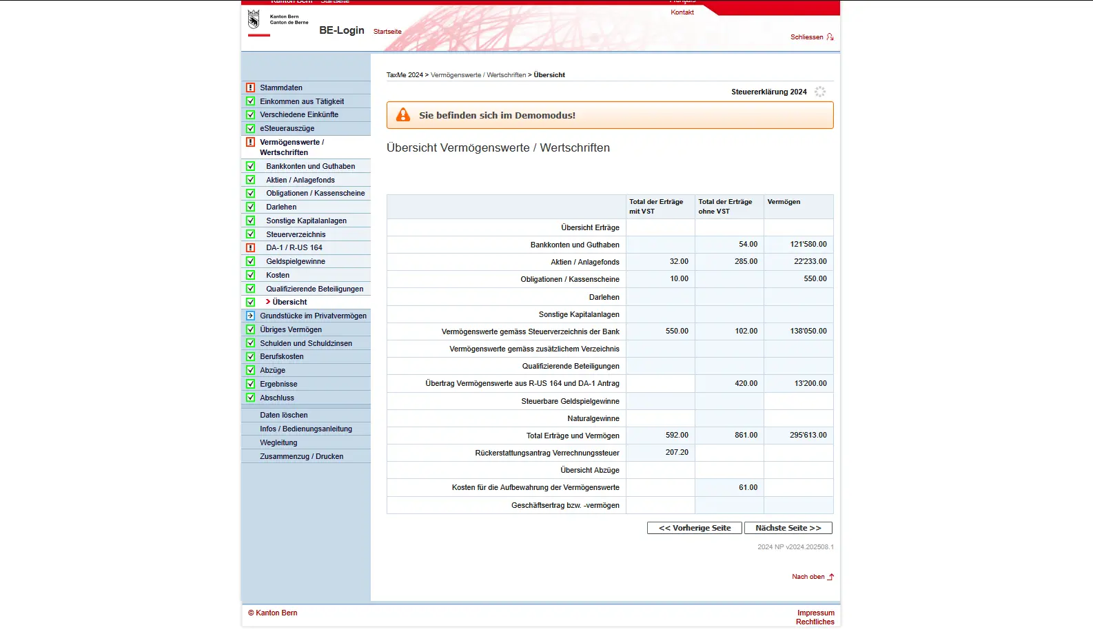 Gesamtübersicht Vermögenswerte und Wertschriften in TaxMe-Online mit Erträgen, Vermögen und Steuersummen