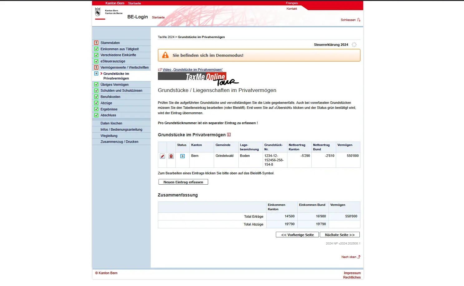 Übersicht der Grundstücke im Privatvermögen in TaxMe-Online mit Liegenschaftsdaten und Steuerwerten im Kanton Bern