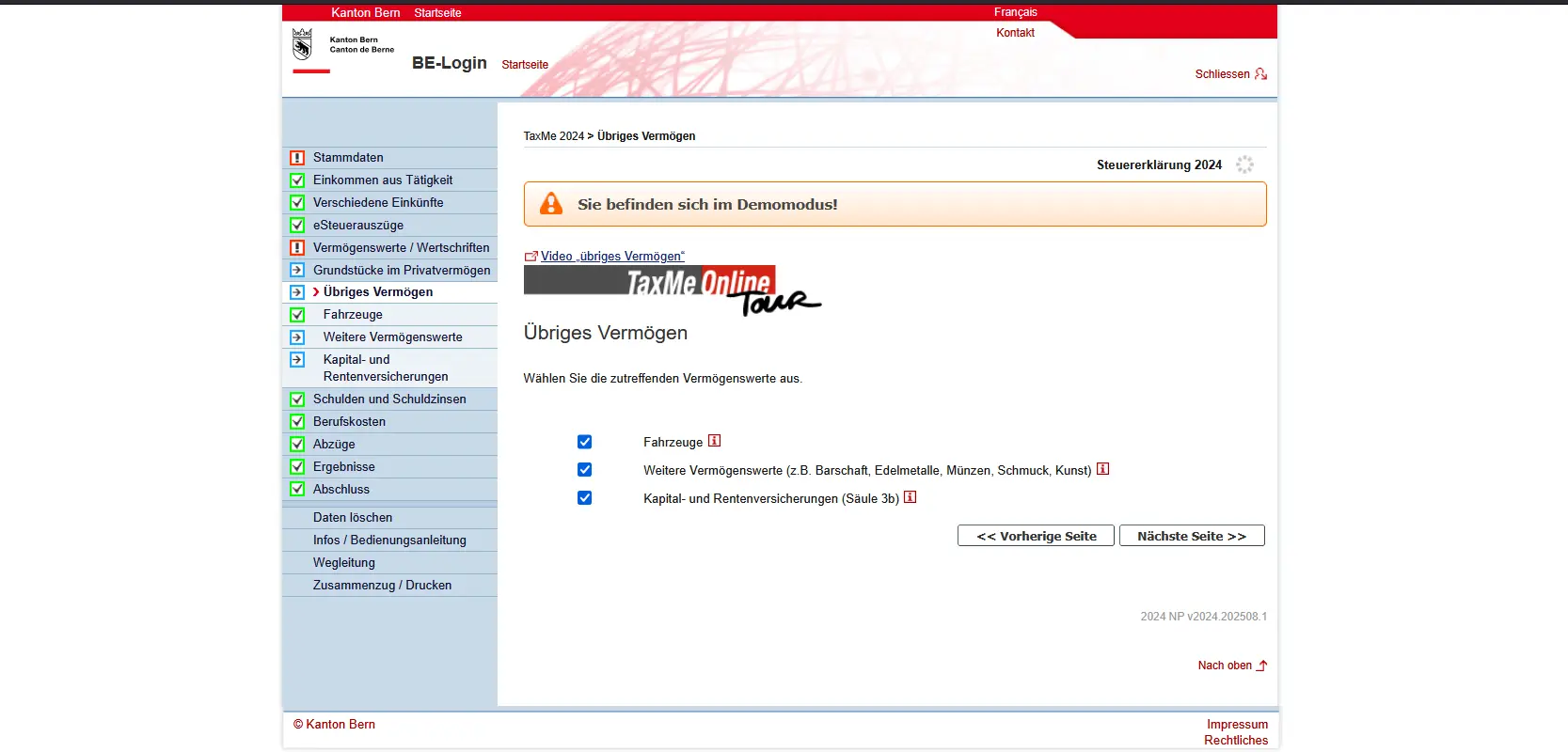 Auswahlmaske für übriges Vermögen in TaxMe-Online mit Fahrzeugen, weiteren Vermögenswerten und Säule-3b-Versicherungen