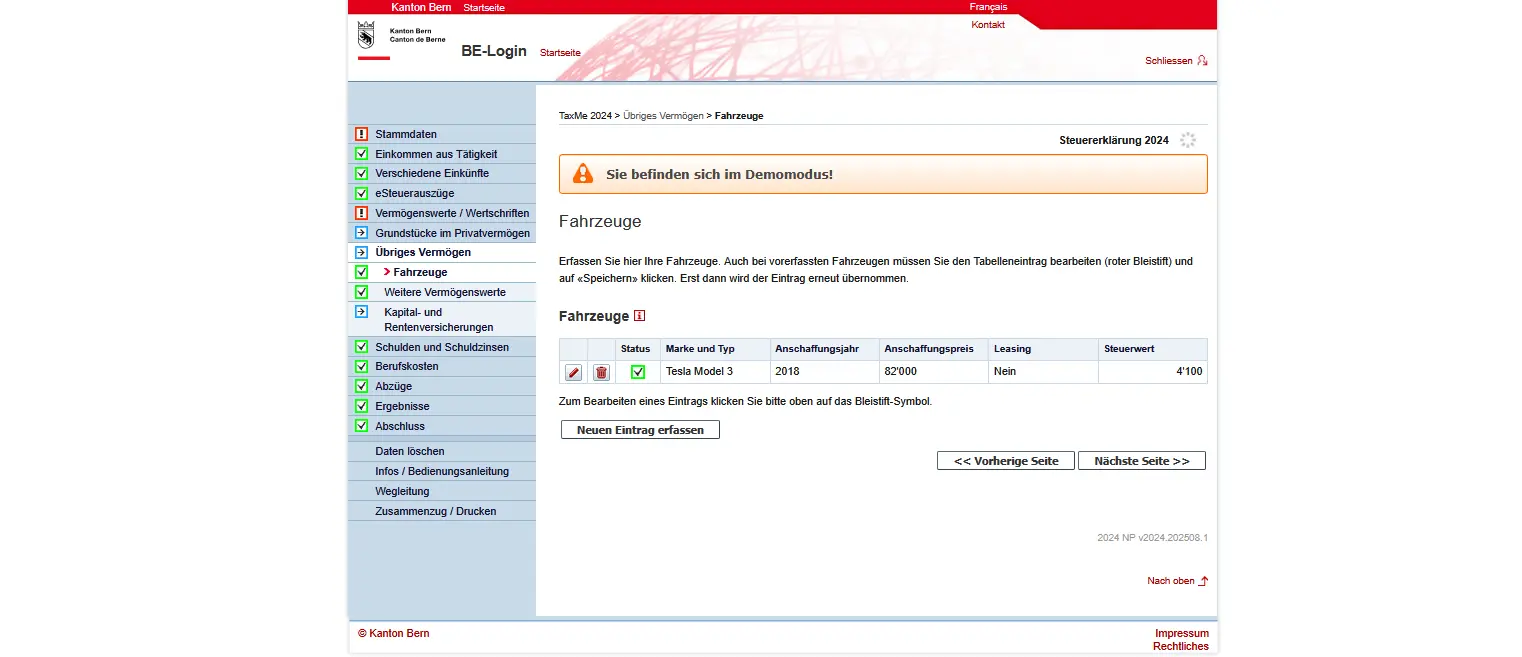 Erfassung von Fahrzeugen im Steuerprogramm TaxMe-Online inklusive Anschaffungsjahr, Kaufpreis und Steuerwert