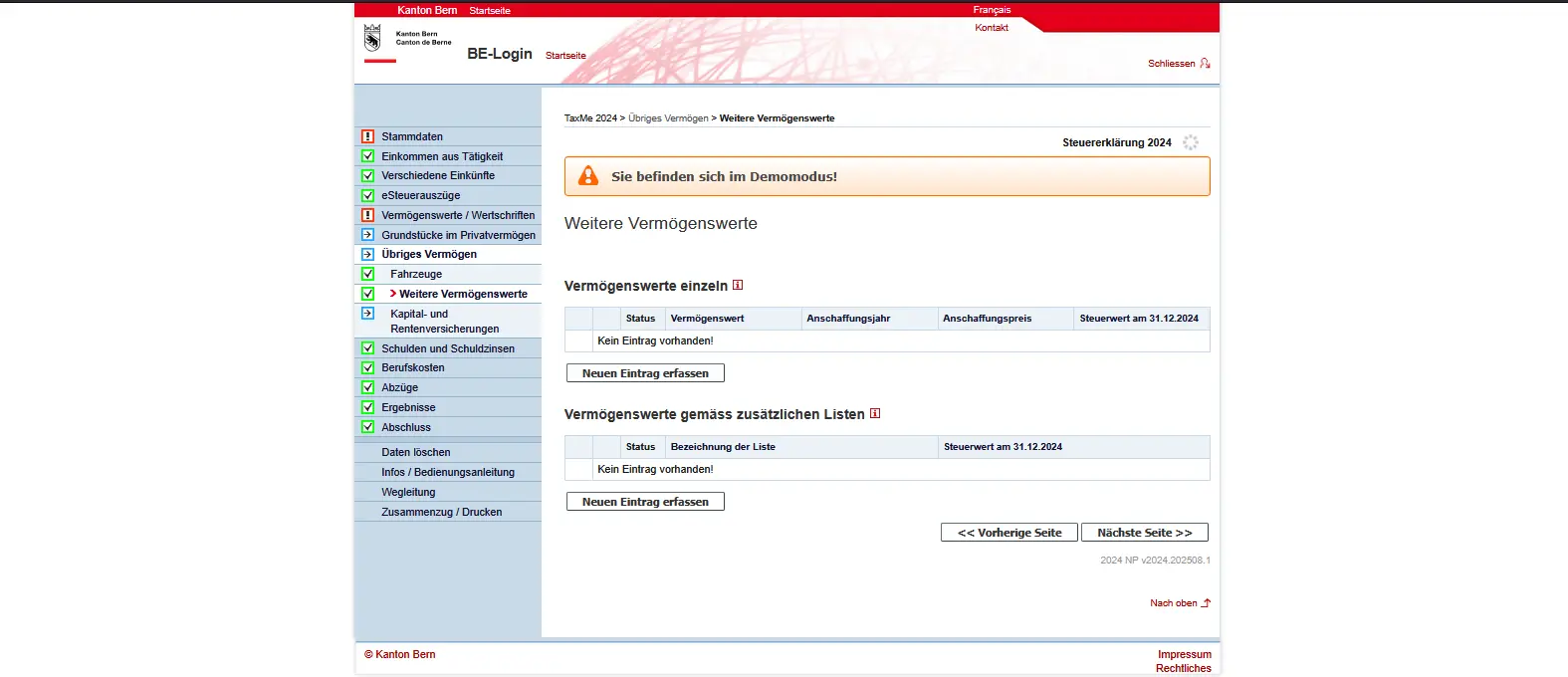 Eingabeseite für weitere Vermögenswerte in TaxMe wie Bargeld, Edelmetalle oder Sammlerstücke