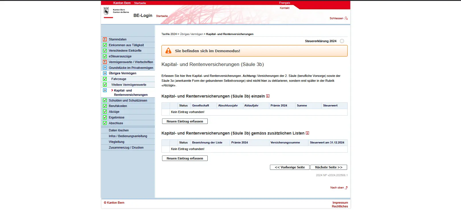 Deklaration von Kapital- und Rentenversicherungen der Säule 3b im Steuerjahr in TaxMe-Online
