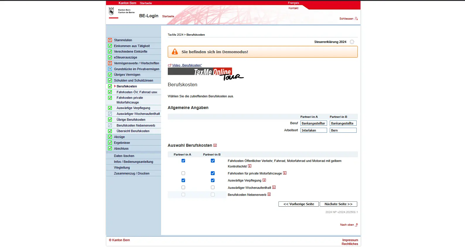 Maske für Berufskosten mit Auswahl von Fahrkosten, Verpflegung und weiteren Abzügen