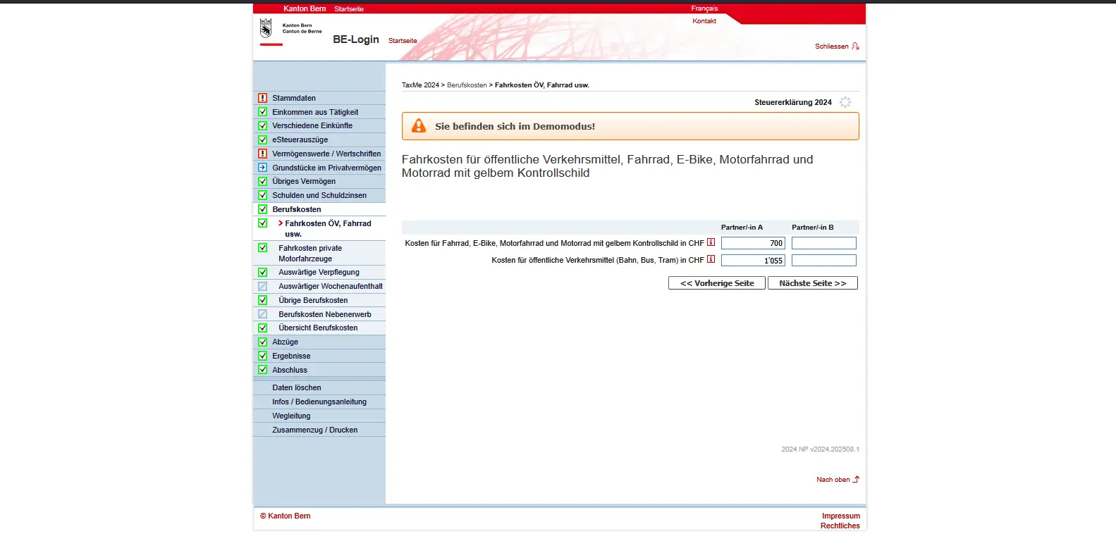 Erfassung der Fahrkosten für öffentliche Verkehrsmittel, Fahrrad oder Motorrad