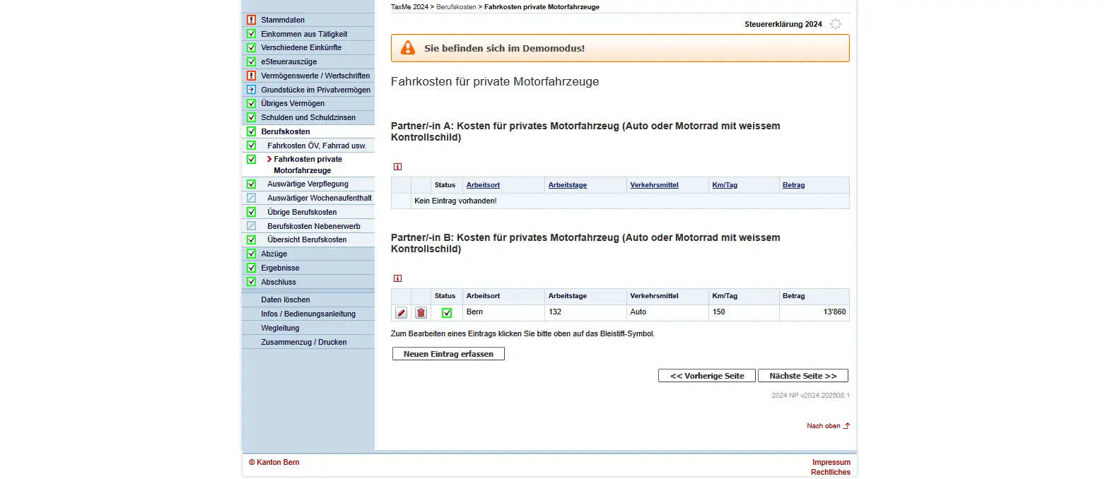 Eingabe der auswärtigen Verpflegung in TaxMe-Online mit Arbeitstagen und abzugsfähigen Beträgen