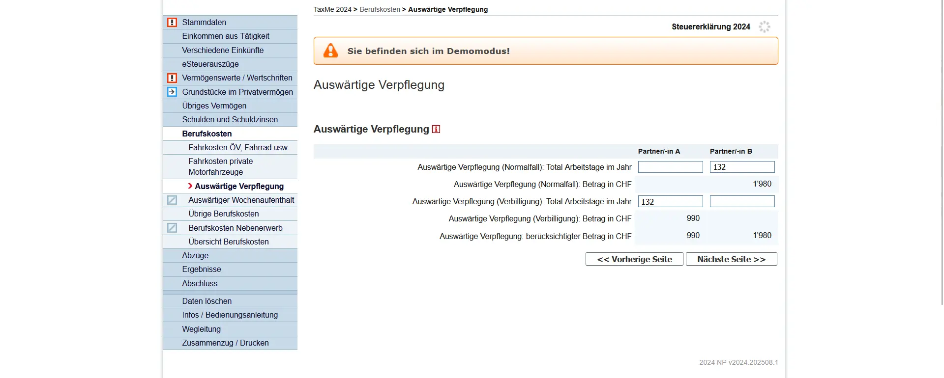 Eingabe der sonstigen beruflichen Ausgaben in TaxMe-Online