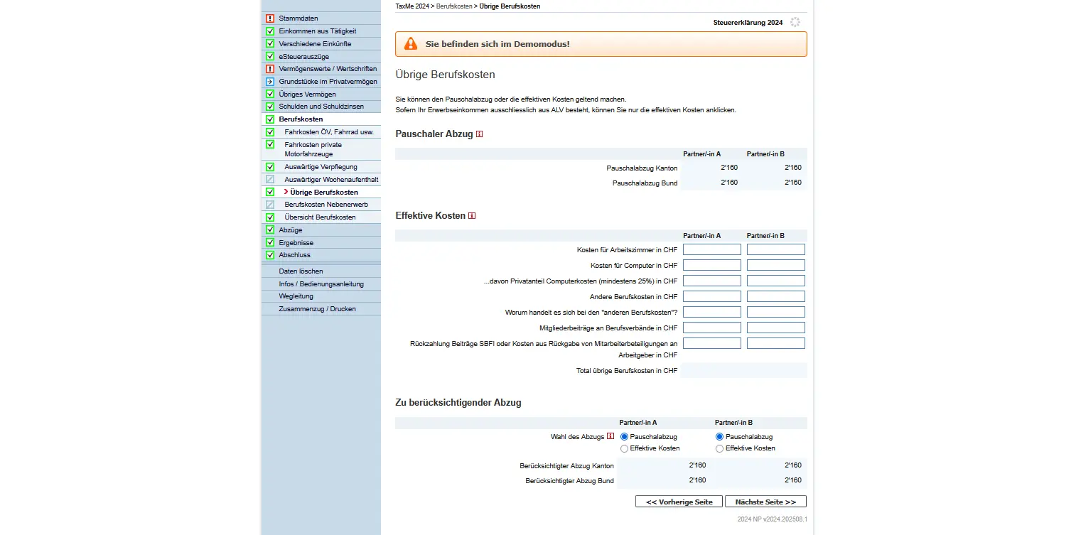 Maske 'Übrige Berufskosten' in TaxMe-Online Bern mit Pauschalabzug und effektiven Kosten für Arbeitszimmer, Computer und weitere Berufsauslagen