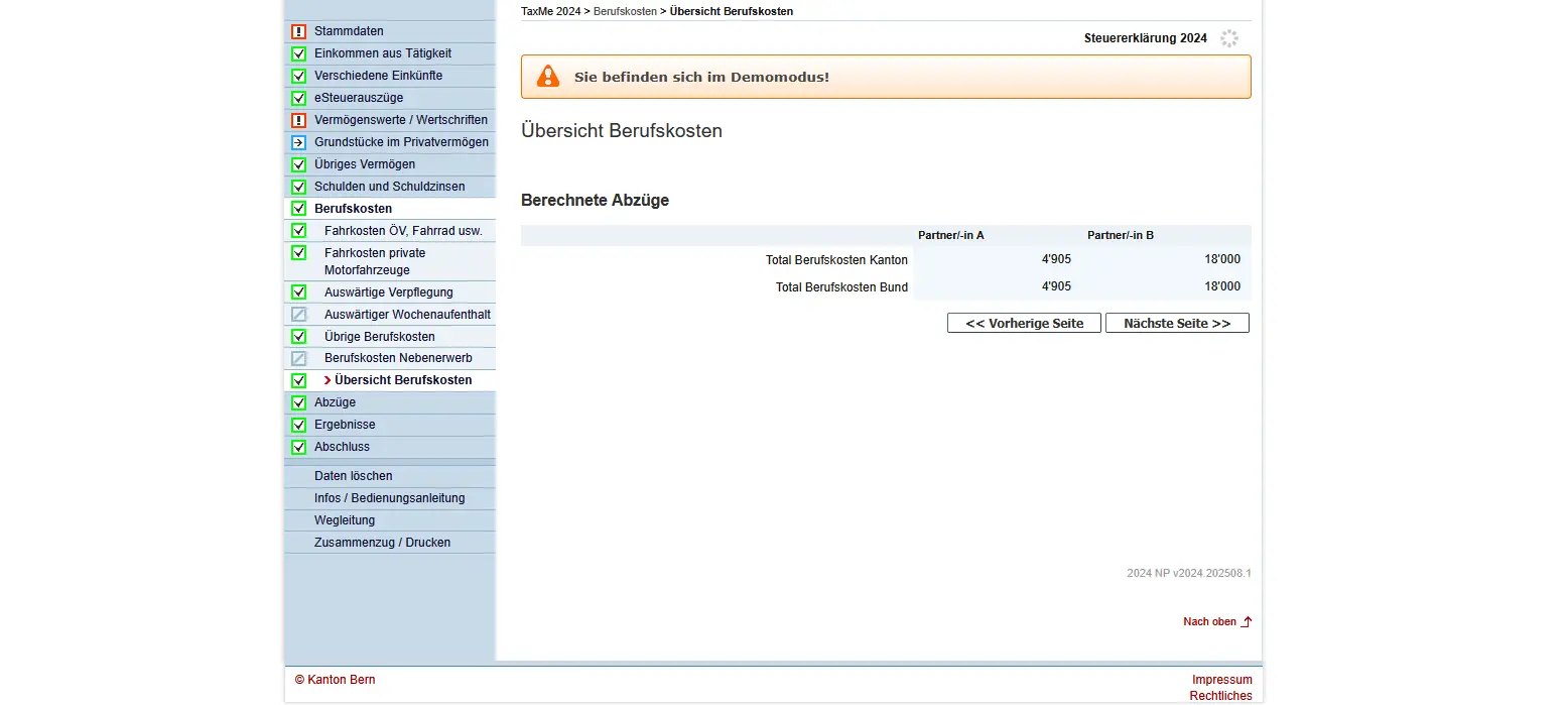 Übersicht der berechneten Berufskosten mit Totalabzügen für Kanton und Bund pro Partner