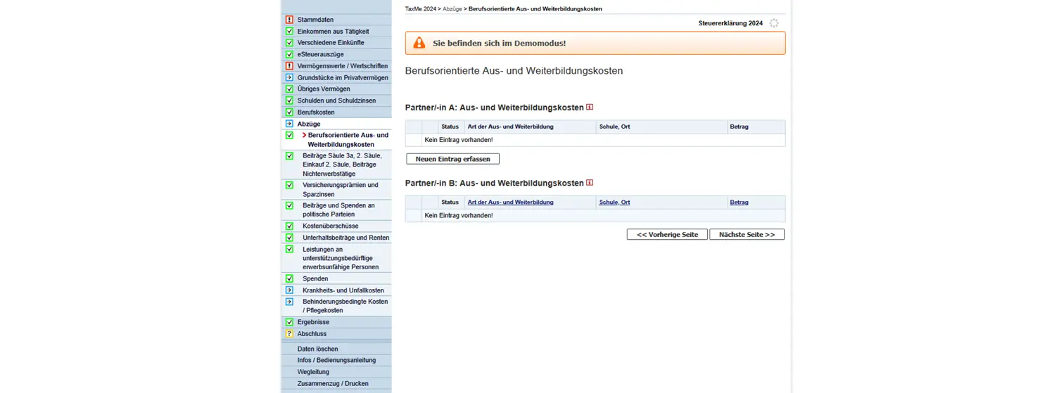 Eingabeseite für berufsorientierte Aus- und Weiterbildungskosten in der Steuererklärung des Kantons Bern