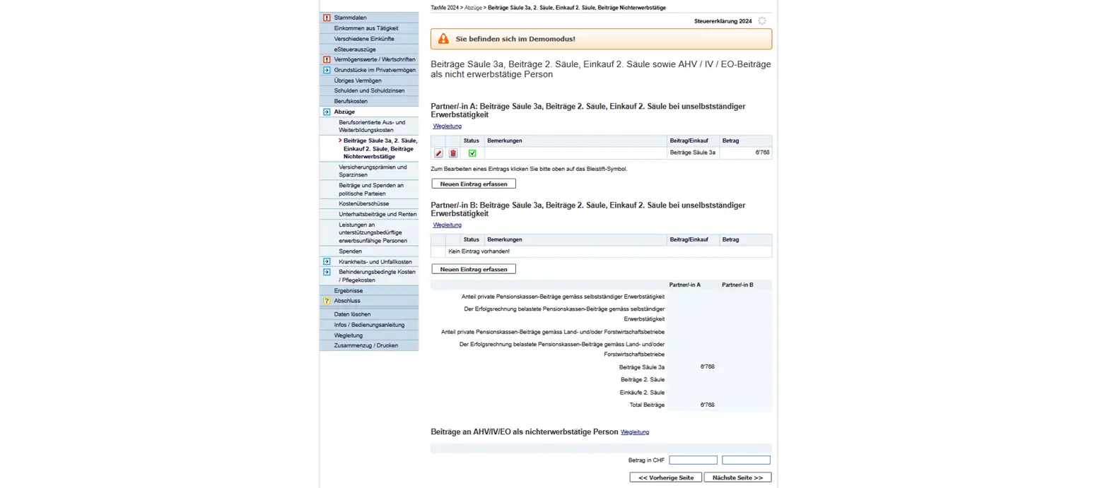 Erfassung von Säule-3a-Einzahlungen, 2. Säule und AHV/IV-Beiträgen für Nichterwerbstätige