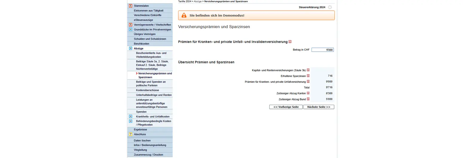 Übersicht Versicherungsprämien und Sparzinsen mit zulässigen Abzügen für Kanton und Bund